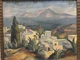 une peinture à l'huile représentant une vue d'une ville avec une montagne en arrière-plan