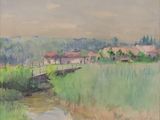 an image of a painting of a small river running through a lush green field