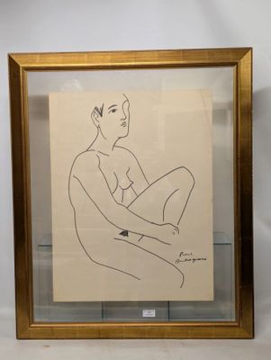 framed drawing of a man sitting on his knees in front of a white wall