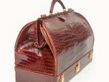 an image of a brown crocodile skin suitcase with a handle