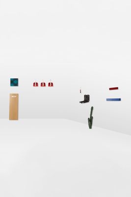 a white room with a cactus and several different colored objects on the wall