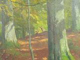 a painting of a painting of a path in the woods