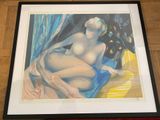 painting of a nude woman sitting on a couch in front of a window