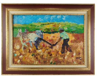 an oil painting of two men plowing a field with a plow