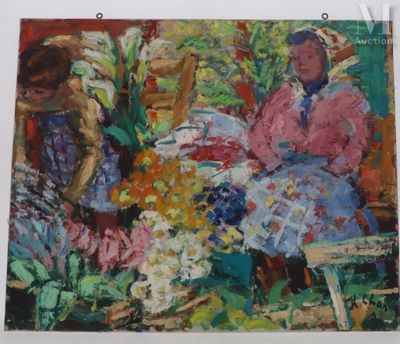 un tableau représentant deux femmes assises sur un banc