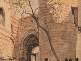 tableau représentant un groupe de personnes dans une cour, avec un arbre au premier plan