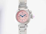 an image of a woman ' s wrist watch with a pink dial