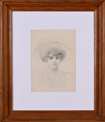 un dessin représentant une femme coiffée d'un chapeau, dans un cadre en bois