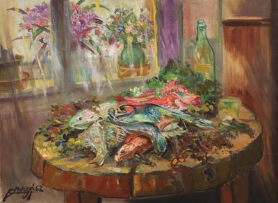 un tableau représentant des poissons posés sur une table devant une fenêtre