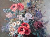 tableau représentant un panier de fleurs posé sur une table près d'un mur