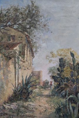 une peinture représentant une maison et un cactus au bord de la route
