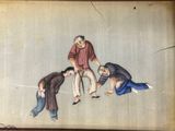 painting of a group of men sitting on the ground with a cane