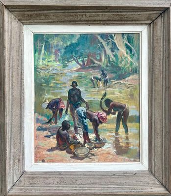 an oil painting of a group of people washing their hands in a river