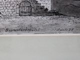 a drawing of a stone building with a clock on it