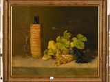 une peinture à l'huile représentant des raisins et une bouteille de vin posés sur une table