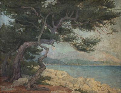 une image représentant un tableau d'un arbre au bord de l'eau
