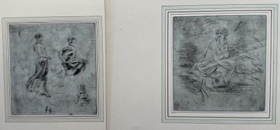 deux dessins représentant un homme et une femme assis sur un banc