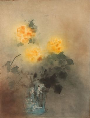 un tableau représentant des fleurs jaunes dans un vase posé sur une table