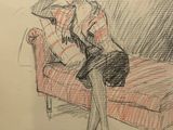 drawing of a woman sitting on a couch reading a book