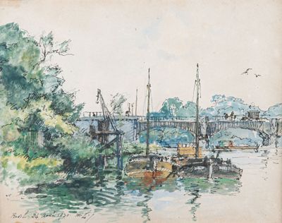 painting of a river scene with boats and a bridge in the background