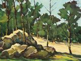 une peinture à l'huile représentant des rochers et des arbres par une journée ensoleillée