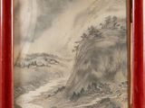 an old picture of a mountain landscape with a river in the foreground