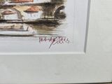 framed watercolor painting of a boat in a harbor with buildings in the background