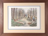 reproduction encadrée d'un tableau représentant une scène de chasse avec des chasseurs et des chiens