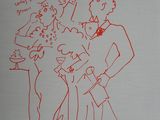 dessin représentant un homme et une femme debout l'un à côté de l'autre avec un chien