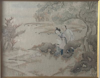a picture of a painting of a man and a woman by a river