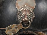 a close up of a helmet with a lion head on it