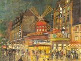an oil painting of people walking down a wet street at night