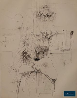 dessin représentant une femme assise à une table dans une pièce, avec un lustre en arrière-plan