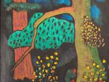 painting of a painting of a tree and a bird in a forest