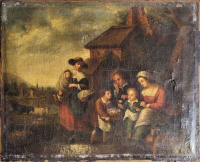an old painting of a group of people outside a house