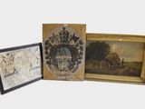 three framed paintings of horses and riders in a landscape