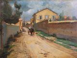 un tableau représentant un cheval et une calèche sur un chemin de terre