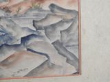 a picture of a painting of rocks in the water