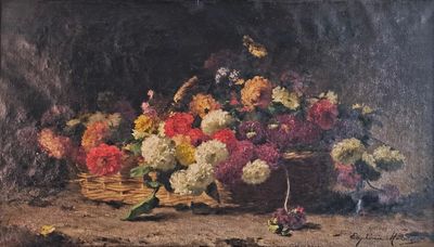 une peinture représentant un panier de fleurs sur une table