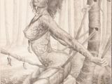 dessin au crayon représentant une femme agenouillée dans les bois, un arc à la main