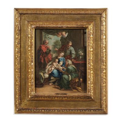 un tableau représentant une famille avec un bébé dans une pièce