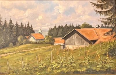 a painting of a farm scene with a barn in the background