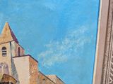 a painting of a church with a steeple on it