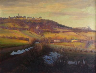 une peinture à l'huile représentant un paysage avec une rivière au premier plan