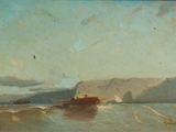 tableau représentant un bateau sur un plan d'eau, avec une montagne en arrière-plan