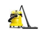 un aspirateur jaune muni d'un tuyau noir sur fond blanc