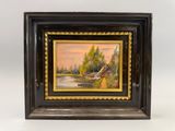 un tableau représentant une scène fluviale avec une maison et un bateau