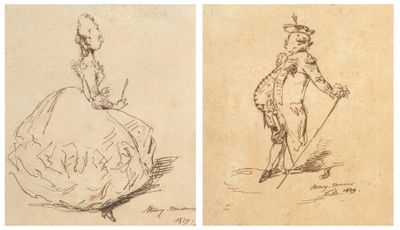 two drawings of a woman in a dress and a man in a top hat