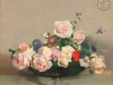 a painting of flowers in a glass vase on a table
