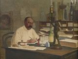 un tableau représentant un homme assis à un bureau en train d'écrire